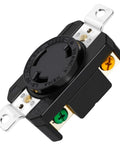 Front-angled view of Yomiuwo NEMA L6-30R locking receptacle, 30A 250V, flush-mount, black with metal strap.