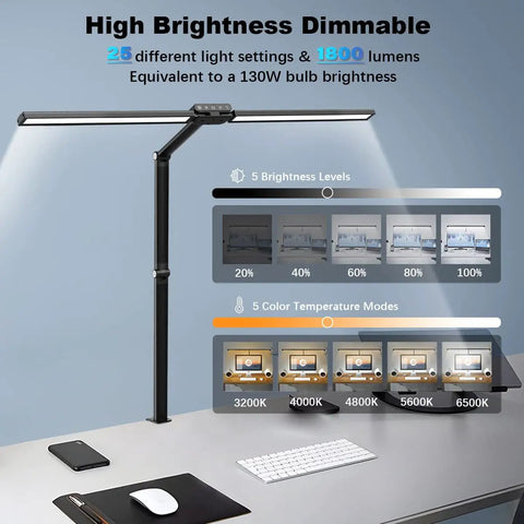 Lit Double Head LED Desk Lamp Clip On For Home Office With Light Sensor, showing dimmable levels and color modes on desk setup.
