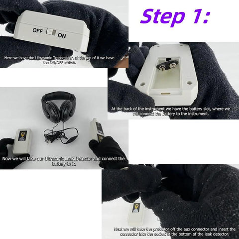 allsun ultrasonic leak detector handheld device, white plastic with on/off switch (front view)