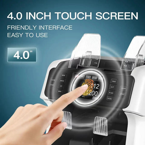 Turbocharged Money Counter Machine With Mixed Denomination Sorting And Reject Pocket, 4-inch touch screen display in use