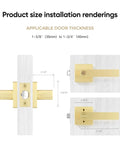Six Pack Gold Door Knobs With Modern Curved Corner Design installation guide showing dimensions for rooms with key access.