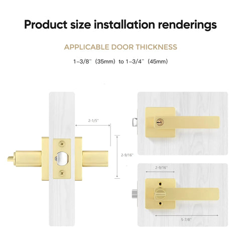 Six Pack Gold Door Knobs With Modern Curved Corner Design installation guide showing dimensions for rooms with key access.