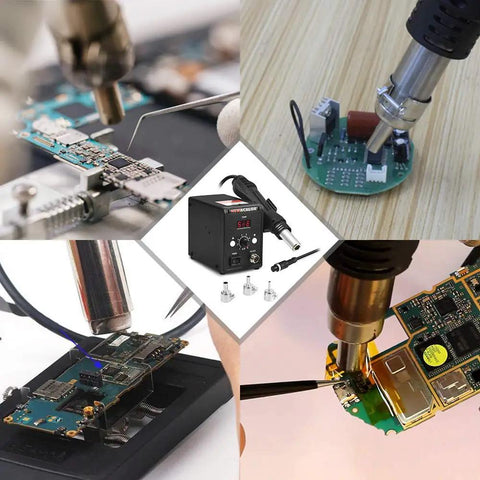 Hot Air Rework Station With Fahrenheit And Celsius Digital Display in use, desoldering gun kit reworking PCBs with nozzles and solder pump.