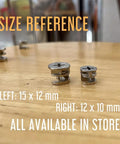 Size comparison of cam locks, showing 15x12mm on left and 12x10mm on right. 12 X 10mm Cam Lock Replacements Kit visible.