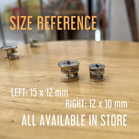 Size comparison of cam locks, showing 15x12mm on left and 12x10mm on right. 12 X 10mm Cam Lock Replacements Kit visible.