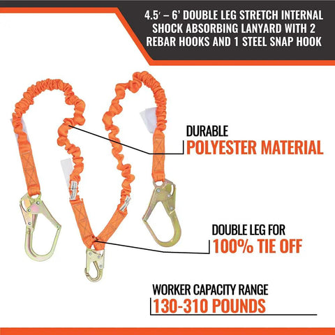 Double Leg Stretch Fall Protection Lanyard With Internal Shock Absorbing Design For 4.5 To 6 Feet, One Steel Snap Hook And Two Rebar Hooks