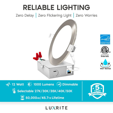 Ultra Thin 6 Inch LED Recessed Wafer Light With J-Box, 12W, 1000 Lumens, Dimmable, Brushed Nickel, Energy Star, 4-Pack