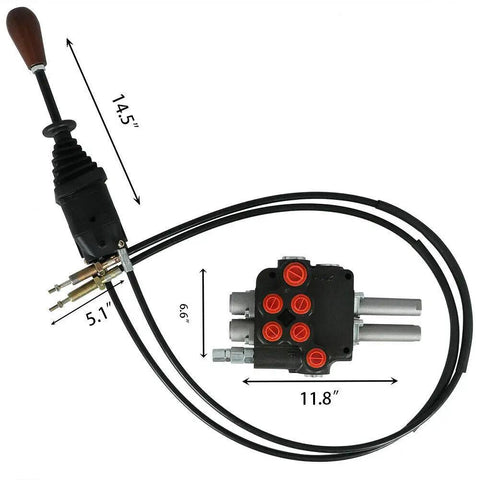 2 Spool Hydraulic Reversing Valve with Joystick Control for Hydraulic Systems showing dimensions, stainless steel build, 5 ports