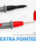 Close-up of Beefed-Up 1000V 20A Multimeter Lead Kit with comfort grip probes, showing pointed pure copper needle tips.
