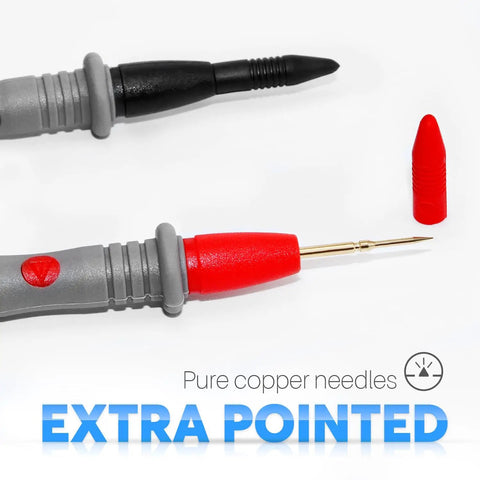 Close-up of Beefed-Up 1000V 20A Multimeter Lead Kit with comfort grip probes, showing pointed pure copper needle tips.