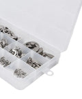 Stainless Steel Retaining Ring Kit 400 Pcs Assortment 1.5mm To 15mm, organized in storage box, for bearings gears pulleys transmission shafts