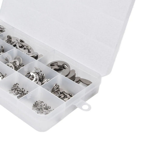 Stainless Steel Retaining Ring Kit 400 Pcs Assortment 1.5mm To 15mm, organized in storage box, for bearings gears pulleys transmission shafts