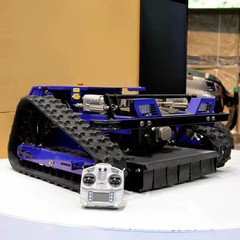 Blue versatile lawn mower workhorse for park community and home use with manual and electric options on display