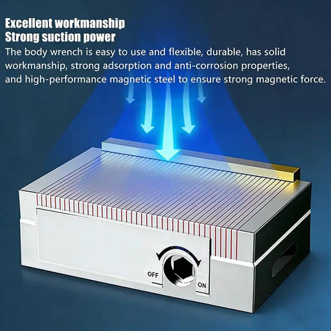 Permanent Magnetic Chuck For Precision Machining And EDM Wire Cutting Workholding No Power Needed With Mechanical On Off Switch Ideal For Bench Drills And Tapping Machines 100 By 100 Mm shown with a mechanical switch and magnetic indicators