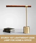 Slim Banker LED Desk Lamp In Wood And Brass Adjustable Arm Modern Table Light For Home Office Bedside Mid Century Boss Style Steampunk MCM Vibe Energy Saving 12V LED Desk Light with books on table