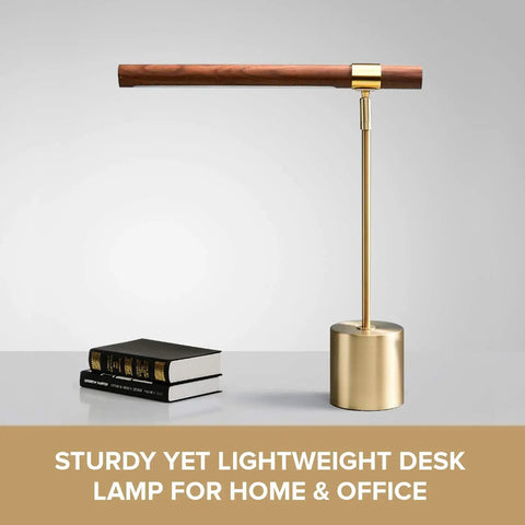Slim Banker LED Desk Lamp In Wood And Brass Adjustable Arm Modern Table Light For Home Office Bedside Mid Century Boss Style Steampunk MCM Vibe Energy Saving 12V LED Desk Light with books on table