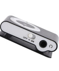 Close-up of Go To Pocket MP3 Player For On The Go Tunes, Mini Clip On Music Player with back clip, side view