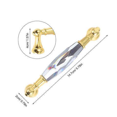 Two Pack Colorful Glass Cabinet Door Handles With Crystal Center Long Metal Drawer Pulls For Kitchen Closet Dresser And Furniture Hardware Durable And Easy To Install, shown with dimensions.