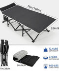Extra Wide 32 Inch Camping Cot With Thick Mattress Holds Up To 600 Lbs with size and weight details shown.