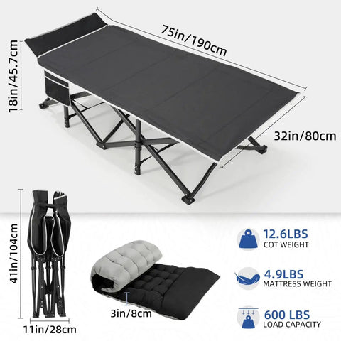 Extra Wide 32 Inch Camping Cot With Thick Mattress Holds Up To 600 Lbs with size and weight details shown.
