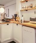 Light-filled kitchen with wooden countertops and wall-mounted shelves using Heavy Duty 8 Inch Black Shelf Brackets Set Of 4 Industrial Floating Wall Mounted Shelving Supports Rustic Style Steel Brackets For Home Office Garage Ultra Durable Scratch Resistant 75 Lb Load Capacity