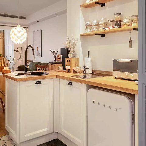 Light-filled kitchen with wooden countertops and wall-mounted shelves using Heavy Duty 8 Inch Black Shelf Brackets Set Of 4 Industrial Floating Wall Mounted Shelving Supports Rustic Style Steel Brackets For Home Office Garage Ultra Durable Scratch Resistant 75 Lb Load Capacity