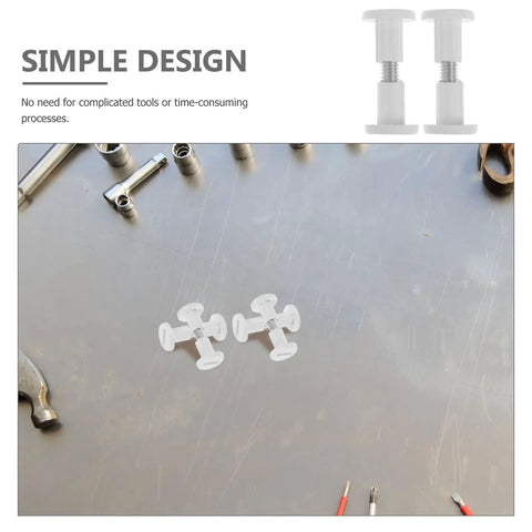 50 White Wood Panel Fasteners And Connector Bolts Kit For Cabinet And Tabletop Assembly on table with tools