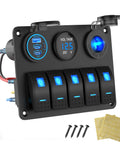 Five Gang Aluminum Marine Switch Panel with Three USB Ports, 150W Cigarette Lighter Socket, 66W 12V USB Car Charger, Blue LED Voltmeter