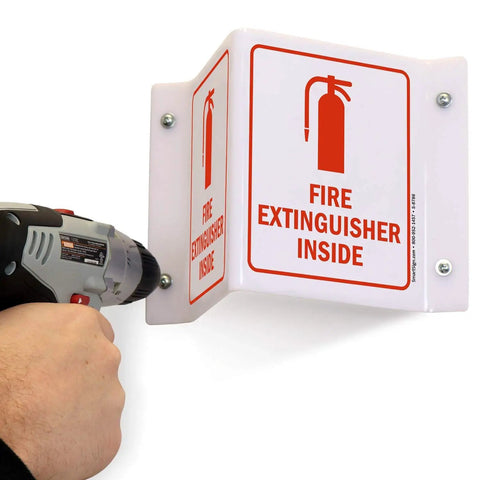 Fire Extinguisher Inside Projecting Sign Made In USA Durable 5 By 6 Inch Acrylic Safety Sign With Dual Way Visibility Easy To Spot
