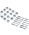 Heavy Duty 34 Piece Tap And Die Set For Auto Repair Made From Heat Treated 45 Steel And Alloy Steel Tools Covering M3 To M12 Plus NPT Thread Cutting Kit, taps and dies laid out