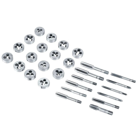 Heavy Duty 34 Piece Tap And Die Set For Auto Repair Made From Heat Treated 45 Steel And Alloy Steel Tools Covering M3 To M12 Plus NPT Thread Cutting Kit, taps and dies laid out