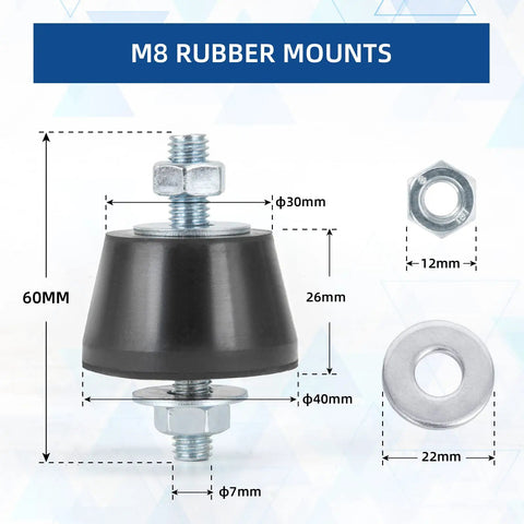 M8 rubber mount with detailed dimensions, includes nuts and washers, for 4 Pack M8 Rubber Vibration Isolator Mounts 40x26mm