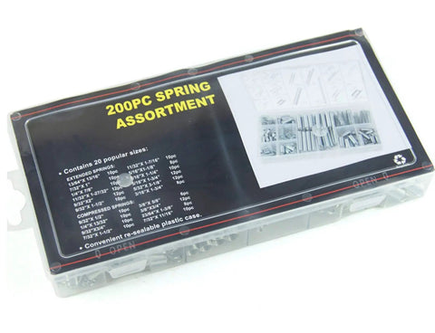 Heavy Duty Torsion Spring Set 200 Pcs Steel Hardware Kit in plastic case with labeled sizes chart for appliances motors use