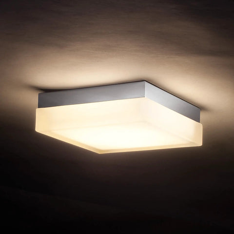 Dice 9 Inch LED Square Flush Mount Ceiling Light 3000K Chrome Finish, Energy Star Rated, illuminated in dark room