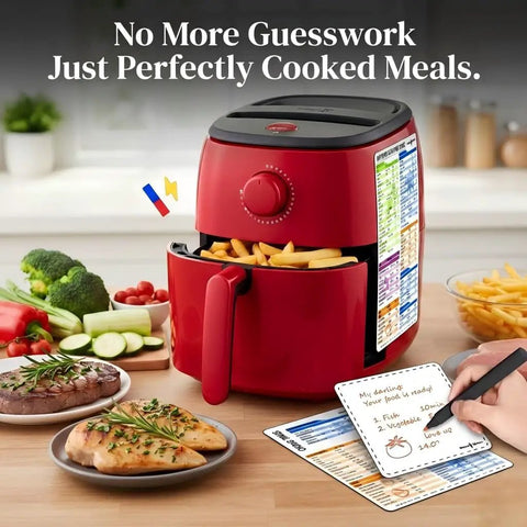 Magnetic Cheat Sheet For Air Fryer Fans With 100 Plus Cooking Times on red air fryer, visible large font waterproof 3-piece set