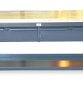 Front view of Workhorse Heavy Duty All Welded Steel Workbench Featuring Thick Maple Top And Rock Solid Ten Thousand Pound Capacity for garage use.