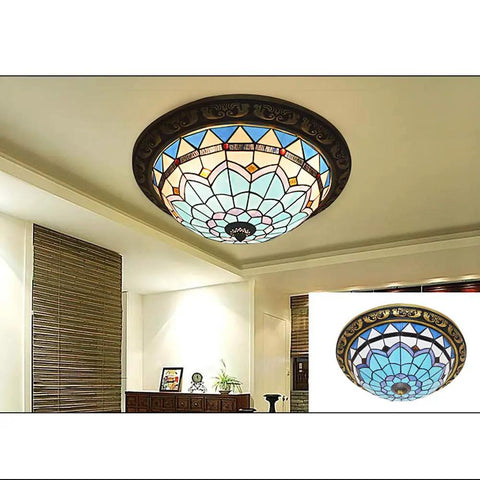 Stained Glass Dome Flush Mount Ceiling Light Three Light Tiffany Style Pendant Retro Vibe LED Ceiling Fixture blue 16 inch