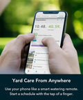 Person using app to control WiFi Smart Sprinkler Controller Ditch The Dial With 8 Zone Irrigation, App Based Scheduling, Local Weather Intelligence And Rain Skips, Easy DIY Install For Water Saving Lawn And Garden.