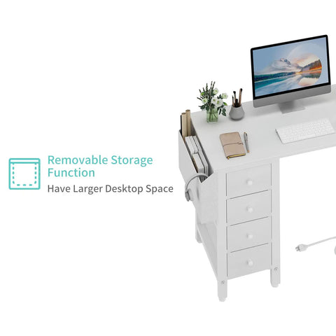 Top view of white L-shaped desk with drawers and storage shelves, 47 inch corner reversible computer desk with built-in power strip