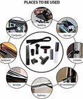 Infographic of 9 Piece Vacuum Attachment Kit With One And A Quarter Inch To One And Three Eighths Inch Hose Adapter, Dyson V6 Compatible Brush Set, Includes Crevice Tool, Upholstery Brush, Dusting Brush, Round Brush, Floor Nozzle, Must Have Home Cleaning Kit and its uses on bedding, pet hair, curtains, air conditioner, radiator, window, keyboard, computer, upholstery.