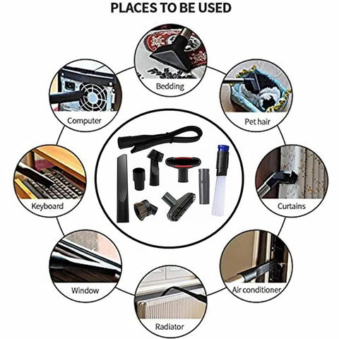 Infographic of 9 Piece Vacuum Attachment Kit With One And A Quarter Inch To One And Three Eighths Inch Hose Adapter, Dyson V6 Compatible Brush Set, Includes Crevice Tool, Upholstery Brush, Dusting Brush, Round Brush, Floor Nozzle, Must Have Home Cleaning Kit and its uses on bedding, pet hair, curtains, air conditioner, radiator, window, keyboard, computer, upholstery.