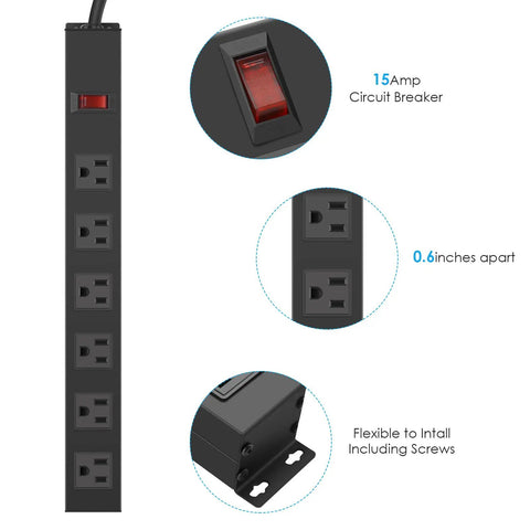 Heavy Duty Wall Mount Power Strip With Six Wide Spaced Outlets And A Fifteen Foot 14 Gauge Power Cord Aluminum Alloy Mount Socket With Switch 15A 125V 1875W Built For Home Office And Workshop Use showing outlets and switch details