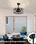 Industrial Caged Ceiling Fan With Light And Remote 18 Inch Black Fandelier Flush Mount in modern dining room
