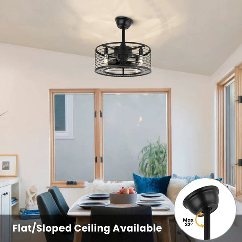 Industrial Caged Ceiling Fan With Light And Remote 18 Inch Black Fandelier Flush Mount in modern dining room