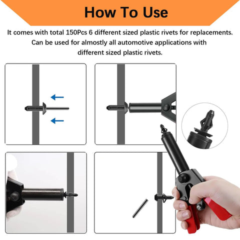 Pro Grade Hand Riveter Kit With 156 Pcs Plastic Rivet Gun Set showcasing how to use with diagrams and rivet gun
