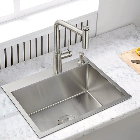 Drop In Kitchen Sink With Single Bowl 22 Inch By 18 Inch 9 Inch Deep Pro Grade 304 Stainless Steel Brushed Finish Top Mount Design Pre Drilled 2 Hole Faucet And Drain Assembly Fits Standard Garbage Disposal Durable And Easy To Clean installed on marble countertop