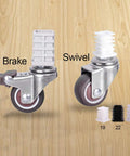 Premium Swivel Rubber Caster Wheels Set Of Four Featuring Ball Bearing Spin Silent Glide with brake and swivel types on wood background.