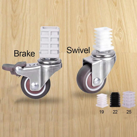 Premium Swivel Rubber Caster Wheels Set Of Four Featuring Ball Bearing Spin Silent Glide with brake and swivel types on wood background.