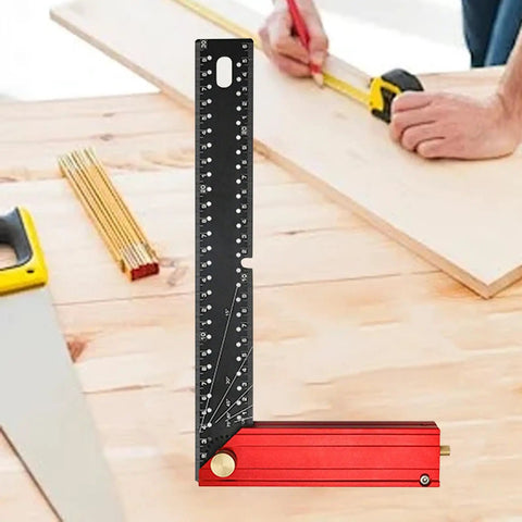 Folding Aluminum Alloy Measuring Gauge and Engineering Square with Multi Angle Ruler on wood table for precise right angles
