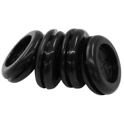 10 Pack 3/4 Inch Inner Diameter Rubber Grommets Black Double Sided Round Hole Plugs For Electrical Boxes, Cable Management And Automotive Wiring Fits Standard 1 Inch Knockout Holes And Delivers Rugged Heavy-Duty Weatherproof Protection, close-up view of stacked grommets